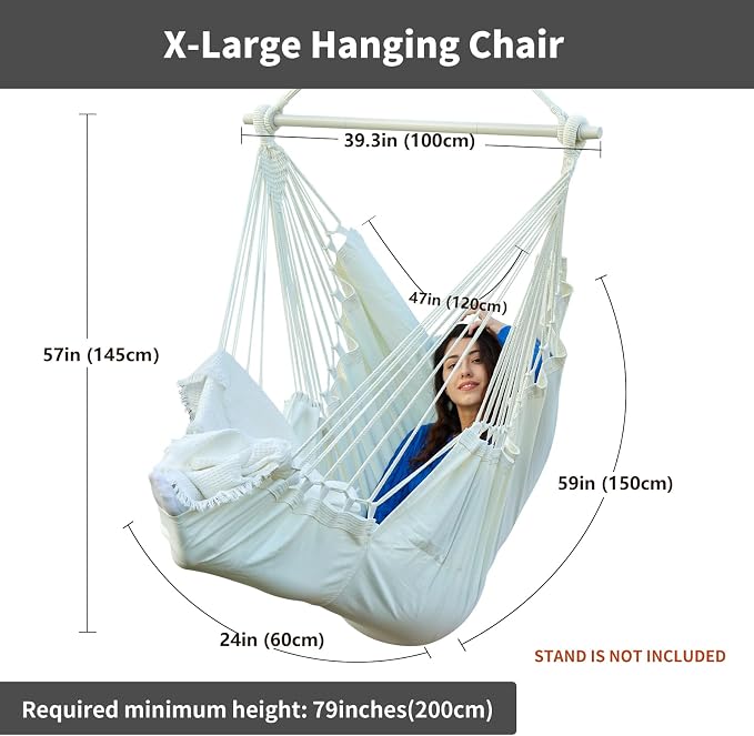 CHULIM Hanging Hammock Chair Swing MAX 500 lbs Outdoor Hanging Chair with Footrest Indoor Swing Chair with Portable Steel Spreader Bar and Hardware Kit for Bedroom Living Room Patio Porch - White