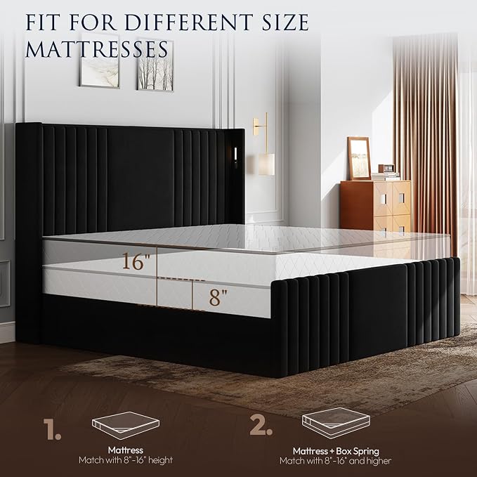 King Size Bed Frame with 55.1" Tall Headboard, Velvet Upholstered Platform Bed with Channel Tufted Wingback, 2 Reading Lights/Storage Shelf/Charging Station/Easy Assembly/Noise-Free, Black