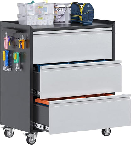 Reemoon 3 Drawers Garage Storage Cabinet with Wheels,35" H Metal Storage Cabinets for Garage, Home, Assembly Required,Black&Silver