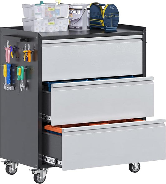 Aobabo Metal Rolling Tool Storage Cabinet with Drawers, Side Pegboards, Left Handle, Lockable Casters, Garage Workshop Utility Cart, 18.11 D x 30.3 W x 35.4 H Inches,Assembly Required