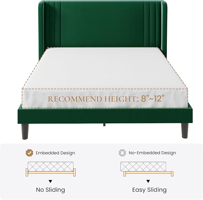 SHA CERLIN Queen Size Velvet Upholstered Platform Bed Frame with Vertical Channel Tufted Wingback Headboard, Wooden Slats Support, Easy Assembly, Under Bed Storage, No Box Spring Required, Green