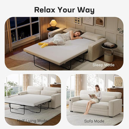 Marsail Pull Out Sofa Bed, Queen Size Sleeper Sofa with Memory Foam Mattress, 2 USB Charging Ports & Removable Covers, Chenille Loveseat Couch for Living Room, Apartment, Pure White