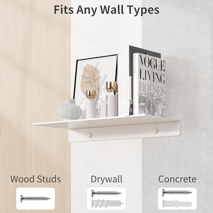 Danpoo 8 inch White Small Floating Shelf for Wall Organizer & Storage, Mini Display Shelf, Metal Wall Shelf for Bathroom, Living Room, Kitchen, Bedroom