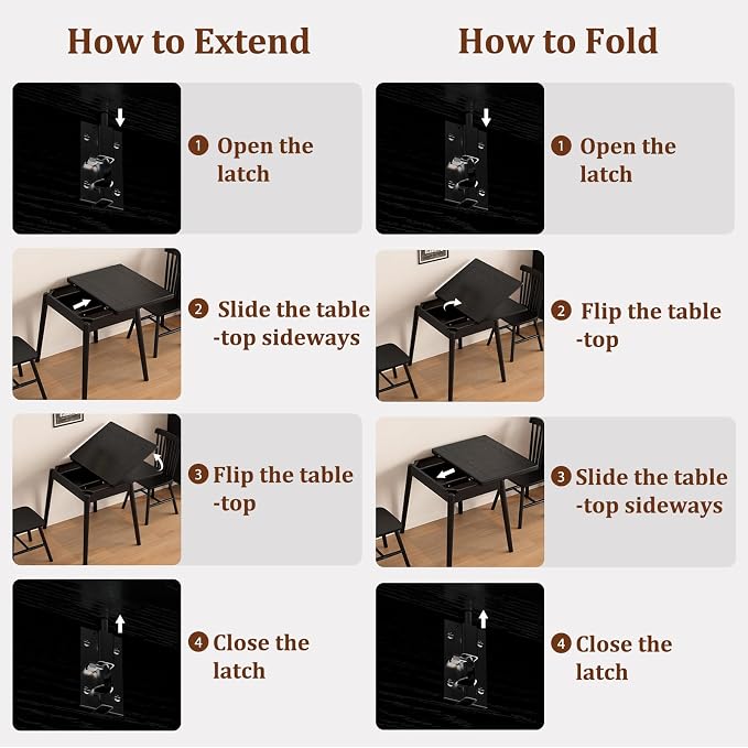 Solid Wood Small Dining Table, 23.6"L-47.2"L Expandable Kitchen Table for 2-6, Designed for Small Spaces, Easy Assembly, Suitable for Kitchen, Dining Room, Living Room, Apartment (Black)