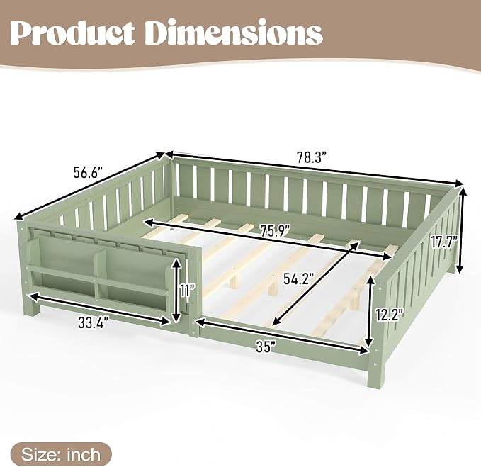 Bellemave Full Floor Bed with Slats and Rails, Full Size Montessori Floor Bed with Bookcase and Fence, Easy Assemble Montessori Beds for Girls, Boys, Avocado Green
