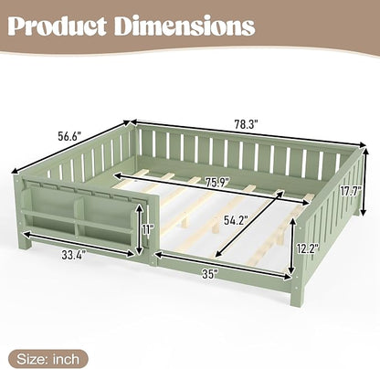 Bellemave Full Floor Bed with Slats and Rails, Full Size Montessori Floor Bed with Bookcase and Fence, Easy Assemble Montessori Beds for Girls, Boys, Avocado Green