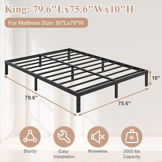 HOBINCHE 10 Inch King Bed Frame,King Size Bed Frame No Box Spring Needed | Heavy Duty Metal Platform Mattress Foundation with Steel Slats, Non-slip Noise Free Easy Assembly Black