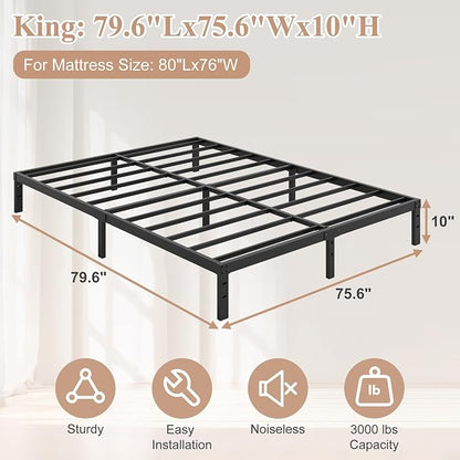 HOBINCHE 10 Inch King Bed Frame,King Size Bed Frame No Box Spring Needed | Heavy Duty Metal Platform Mattress Foundation with Steel Slats, Non-slip Noise Free Easy Assembly Black
