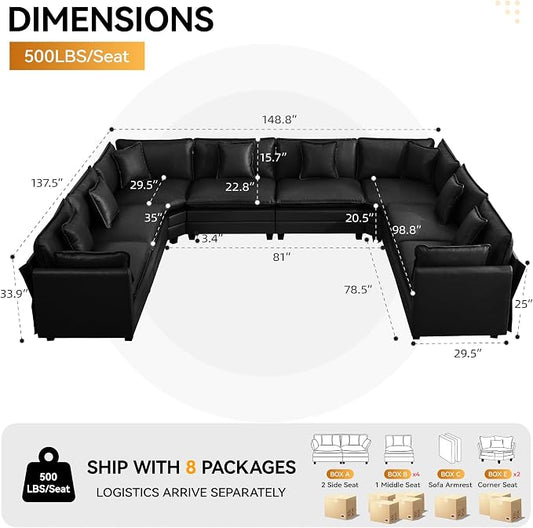 147'' Oversized U Shaped Cloud Sectional Sofa, Leather Deep Seat Couches for Living Room, Comfy Upholstered Modular Sectional Sofa Couch, Leather Black