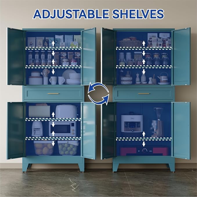 COFaR 71 in Tall Kitchen Pantry Cabinet with Drawer, Metal Pantry Storage Cabinet with 4 Adjustable Shelves and 4 Barn Doors, Freestanding Farmhouse Food Cupboard for Dining Room, Peacock Blue 6-Tier