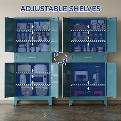 COFaR 71'' Tall Metal Pantry Cabinet with Drawer, Kitchen Storage Cabinet with 4 Doors and Shelves, Freestanding Farmhouse Food Cupboard for Kitchen Dinning Room Garage, Peacock Blue 6-Tier