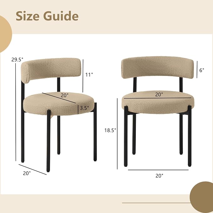 Boucle Dining Chairs Set of 6, Beige Dining Chairs with Upholstered Seat and Round Back, Mid-Century Modern Kitchen Chairs for Dining Room, Restaurant