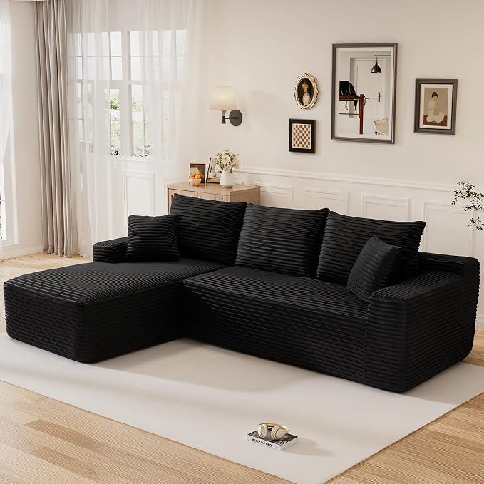 108" L Shaped Cloud Boneless Sectional Couches for Living Room, Modern Comfy Modular Deep Seat Memory Foam Compressed Corduroy Sofa Oversized Left Facing Chaise, No Assembly Required, Balck