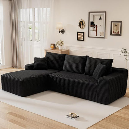 108" L Shaped Cloud Boneless Sectional Couches for Living Room, Modern Comfy Modular Deep Seat Memory Foam Compressed Corduroy Sofa Oversized Left Facing Chaise, No Assembly Required, Balck