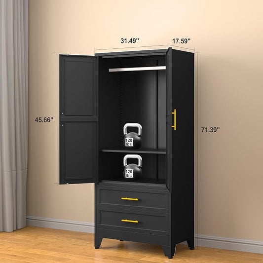 Metal Armoire Wardrobe Closet Storage Cabinet with Hanging Rod,71'' Metal Wardrobe Cabinet with 2 Drawers and Adjustable Shelf,2 Doors for Bedroom, Laundry Room, Cloak Room