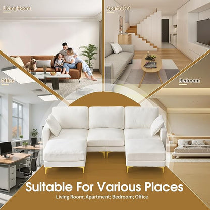 VINGLI 100" W U Shaped Couch with Ottoman, 22" Deep Seat Comfortable Sectional Couches for Living Room, 3 Seater Chenille Fabric Cloud Sofa for Apartment, Small Spaces, Bedroom, Beige