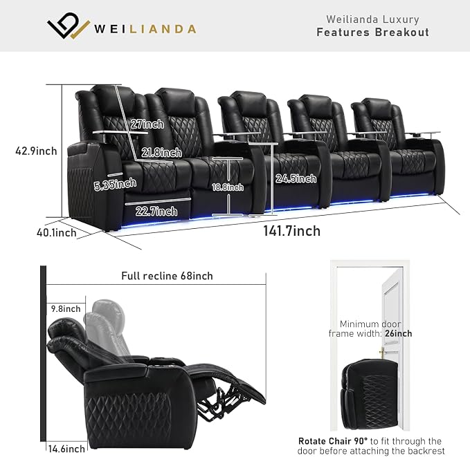 Weilianda Home Theater Seating Top Grain Leather Zero Gravity Recliner Chair Power Headrest Recline Movie Seat Gaming 7 Colors Mood Light Sofa with Tray Table USB Charge Row of 5 Loveseat Left Black