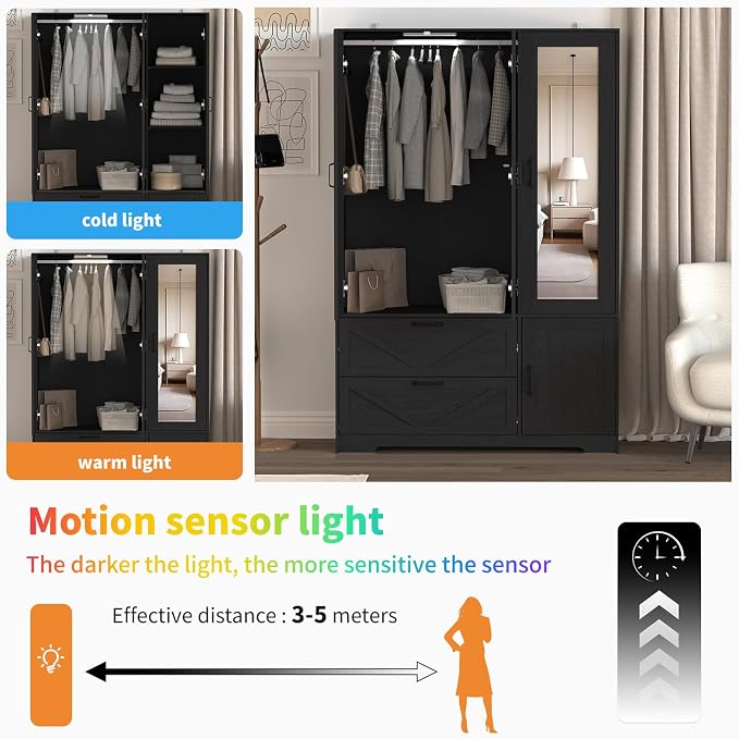 Armoire Wardrobe Closet with 3 Door, Bedroom Armoire with Mirror, LED Light, Hanging Rod, Drawers,Adjustable Shelves,Large Capacity Closet for Bedroom,47.2L,Black