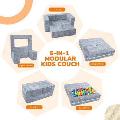 MeMoreCool Kids Sofa Couch, Glow-in-the-Dark Plush Cover, Convertible Foam Loveseat with Armrests & Pocket, Gray Dog Pattern, Playroom & Bedroom Children’s Furniture, 39" x 20" x 16"