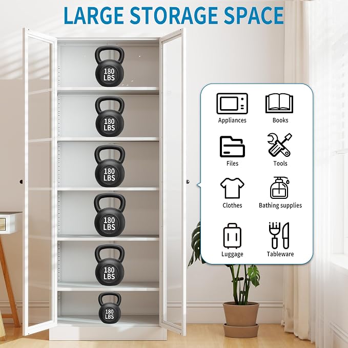 72"H Full Glass Door Steel Kitchen Pantry Cabinets Display Cabinet | Storage Organizer with Adjustable Shelves, Glass Doors Storage Cabinet for Kitchen, Dining Room,Assembly Required