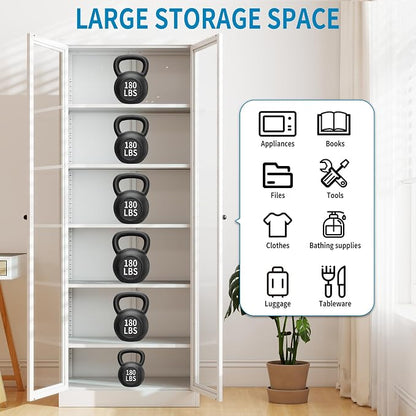 72"H Full Glass Door Steel Kitchen Pantry Cabinets Display Cabinet | Storage Organizer with Adjustable Shelves, Glass Doors Storage Cabinet for Kitchen, Dining Room,Assembly Required