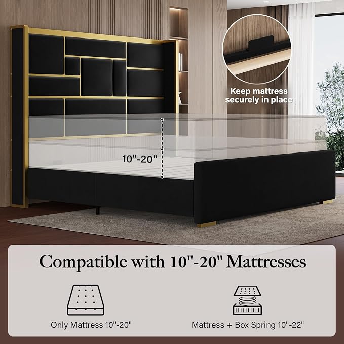 Queen Bed Frame with 55.12" Tall Headboard, Modern Luxury Velvet Upholstered Platform Bed with Gold Trim, Wide Wingback Design, Noise-Free, Easy Assembly, No Box Spring Needed, Black