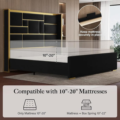 Queen Bed Frame with 55.12" Tall Headboard, Modern Luxury Velvet Upholstered Platform Bed with Gold Trim, Wide Wingback Design, Noise-Free, Easy Assembly, No Box Spring Needed, Black
