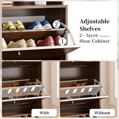 Fsbecl Shoe Cabinet for Entryway with 2 Flip Drawers & Coat Rack, Narrow Hidden Shoe Storage Cabinet with Fluted Panel, 2-in-1 Hall Tree Slim Freestanding Shoe Rack Organizer for Hallway, Walnut