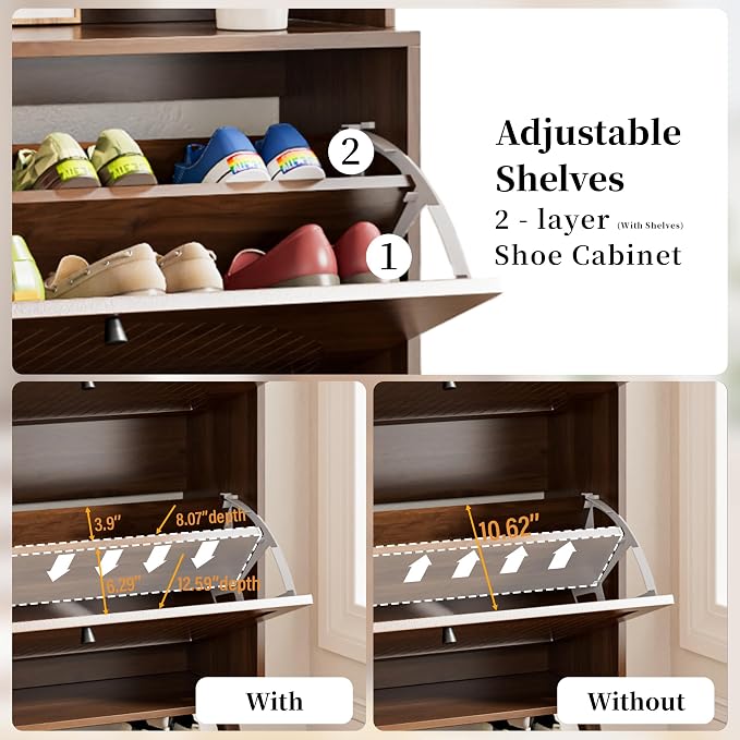 Fsbecl Shoe Cabinet for Entryway with 3 Flip Drawers & Coat Rack, Narrow Hidden Shoe Storage Cabinet with Fluted Panel, 2-in-1 Hall Tree Slim Freestanding Shoe Rack Organizer for Hallway, Walnut