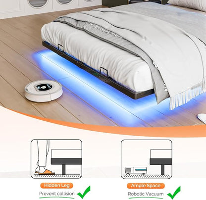 VINGLI Full Size Floating Bed Frame with Headboard, LED Lights & Charging Station, Cozy Velvet Upholstered Headboard, Hidden Storage, Heavy Duty Metal Frame, No Box Spring Needed, Easy Assembly, Black
