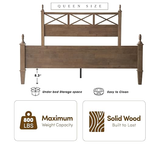 Queen Size Platform Bed Frame, Solid Wood with Headboard & Footboard, Center Metal Legs, 12 Strong Slatted Base, Anti-Noise & Slip-Free, Easy Assembly, No Box Spring Needed, Barnwood Finish RIQ-30