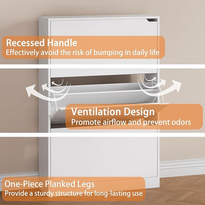 Shoe Storage Cabinet, Wood Shoe Organizer for Entryway with 3 Flip Drawers, Freestanding Shoe Rack with Adjustable Shelf, Narrow Shoe Dresser for Front Door Entrance (White, 3 Drawers)