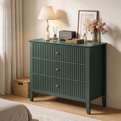 RoyalCraft 32" Large Nightstand, Fluted Painted Bedside Table with 3 Spacious Drawers, Modern Tall End Table for Bedroom, Dark Green