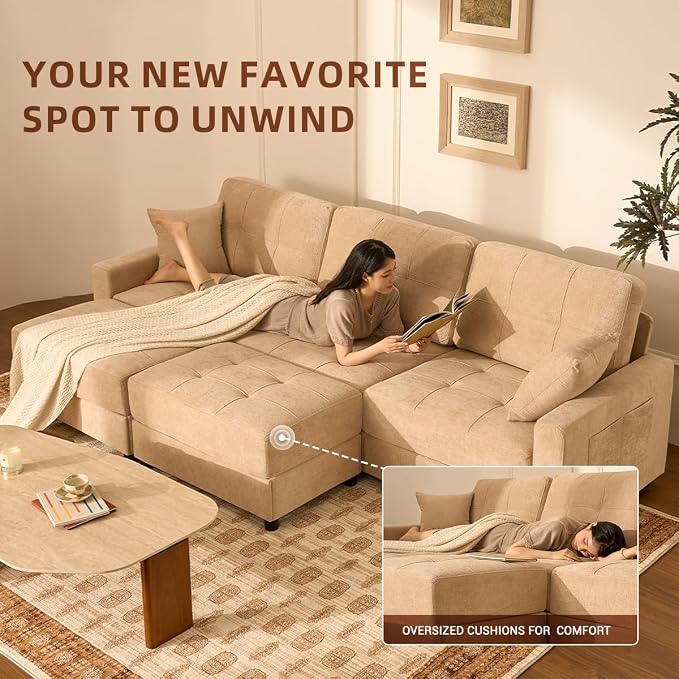 112" U Shaped Modular Cloud Sectional Couch, Waffle Fabric, Oatmeal Beige | Modular Deep Seat Sofa, Movable Ottoman, Pocket Spring Cushions, 2-Box Delivery, Living Room Lounge Use, Not Boneless