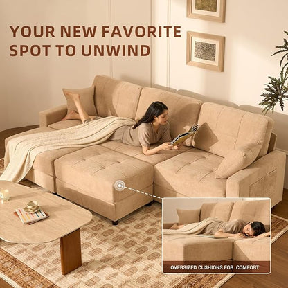 112" U Shaped Modular Cloud Sectional Couch, Waffle Fabric, Oatmeal Beige | Modular Deep Seat Sofa, Movable Ottoman, Pocket Spring Cushions, 2-Box Delivery, Living Room Lounge Use, Not Boneless