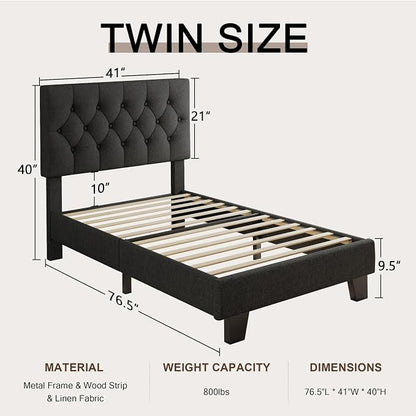 Einhomn Twin Upholstered Bed Frame with Headboard, Button Tufted Linen Bed Base, Platform Bed with Wood Slat, Heavy Duty, Easy Assembly, No Box Spring Needed, Dark Grey