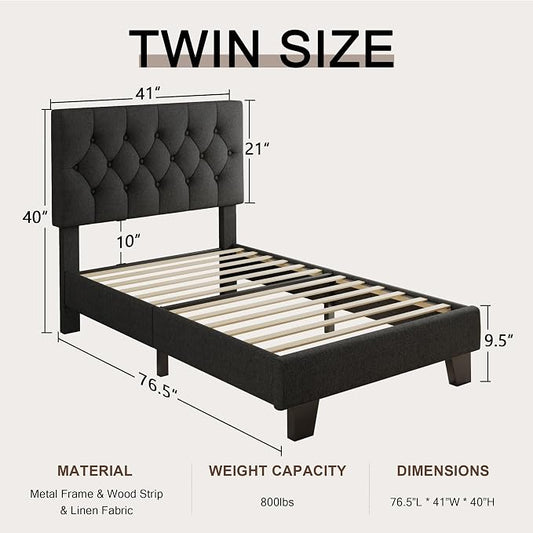 Einhomn Twin Upholstered Bed Frame with Headboard, Button Tufted Linen Bed Base, Platform Bed with Wood Slat, Heavy Duty, Easy Assembly, No Box Spring Needed, Dark Grey