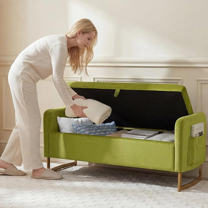 48" End of Bed Bench, Modern Storage Benches with Button-Tufted, Velvet Upholstered Storage Ottoman Bench for Foot of Bed with Arms, Gold Legs Window and Entryway, Olive Green