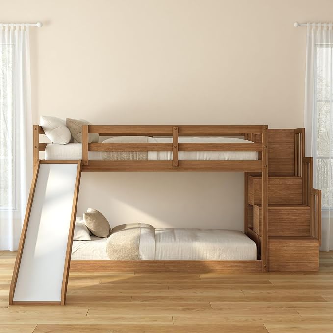 Grain & Grove Bear Twin Over Twin Bunk Bed with Slide and Staircase, Low Bunk Bed Frame for Kids, Bunk with Ladder, Guardrail, and Slats, No Box Spring Required, Oak Embossed Pecan