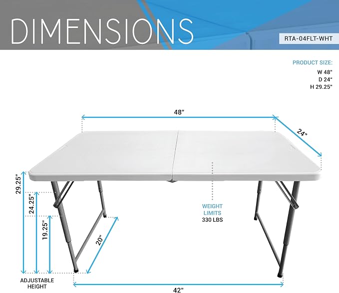 Height Adjustable 4 FT Granite White Folding Table – Premium 4 Foot Folding Table Ideal for Camping, Picnic, Party or as Kids Table | Adjustable height, indoor/outdoor use, camping, picnic, parties, kids table, folding legs, durable resin top, carry ha...
