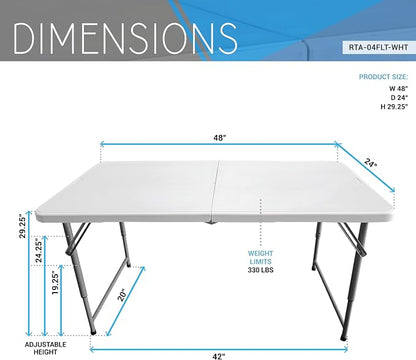 Height Adjustable 4 FT Granite White Folding Table – Premium 4 Foot Folding Table Ideal for Camping, Picnic, Party or as Kids Table | Adjustable height, indoor/outdoor use, camping, picnic, parties, kids table, folding legs, durable resin top, carry ha...