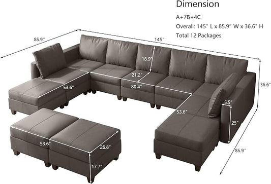 EASE MOOSE Faux Leather Sectional, Large Modular Sofa Couch U Shaped Sectional Couch with Storage Ottomans, Grey