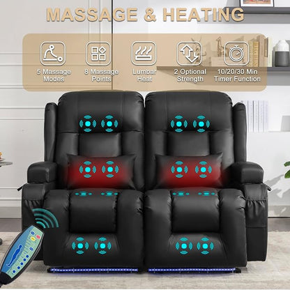 URRED Power Loveseat Recliner Sofa with Massage and Heat, Wall Hugger Reclining Loveseat, RV Couch Home Theater Seating with LED Lights for Living Room (Black, 54" - 2 Seats)
