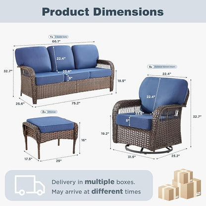 Belord Luxury Patio Furniture Set with 5-inch Thick Cushion, Outdoor High Back Swivel Rocker Patio Chairs, 7PCS Wicker Conversation Set for Deck Yard and Poolside,Blue