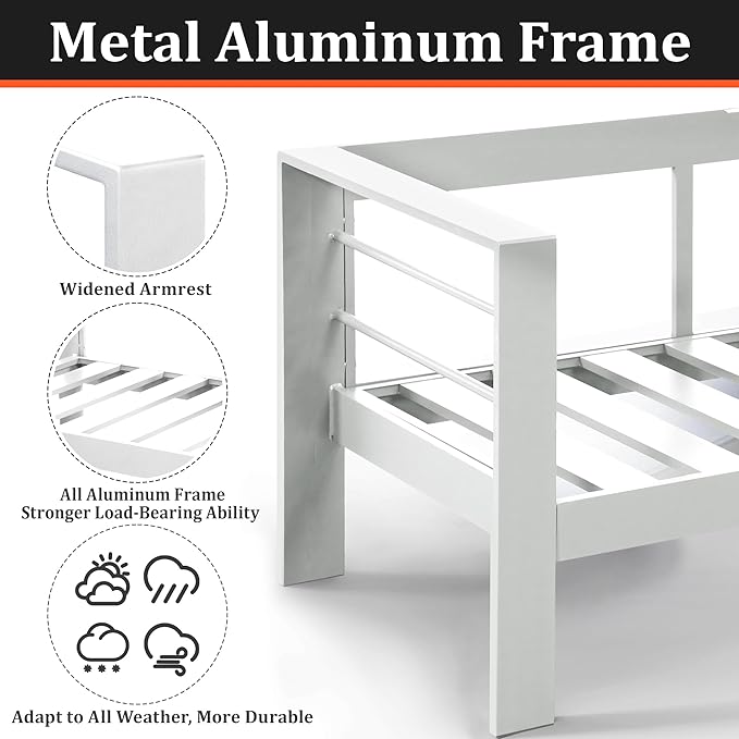 Kiss the Water Loveseat Aluminum Outdoor Patio Sofa Set, All Weather Rust-Proof Metal Patio Couch, Modern Outdoor Furniture for Backyard Porch Garden, 5" Thick Waterproof Olefin Cushions, Light Grey