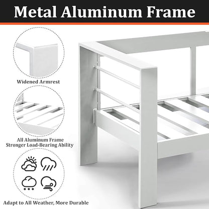 Kiss the Water Loveseat Aluminum Outdoor Patio Sofa Set, All Weather Rust-Proof Metal Patio Couch, Modern Outdoor Furniture for Backyard Porch Garden, 5" Thick Waterproof Olefin Cushions, Light Grey