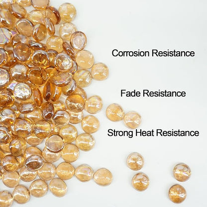 5 Pound Fire Pit Glass 3/4 Inch Reflective Round Fire Glass Drops Beads Rocks for Natural or Propane Fire Pit and Landscaping Amber