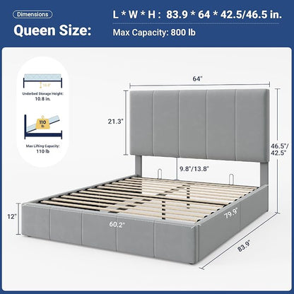 Allewie Queen Size Velvet Lift Up Storage Bed Frame, Vertical Channel Tufted Headboard, Hydrualic Underneath Storage, Upholstered Platform Bed, Wooden Slats Support, No Box Spring Needed, Gray
