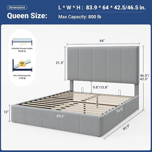 Allewie Queen Size Velvet Lift Up Storage Bed Frame, Vertical Channel Tufted Headboard, Hydrualic Underneath Storage, Upholstered Platform Bed, Wooden Slats Support, No Box Spring Needed, Gray