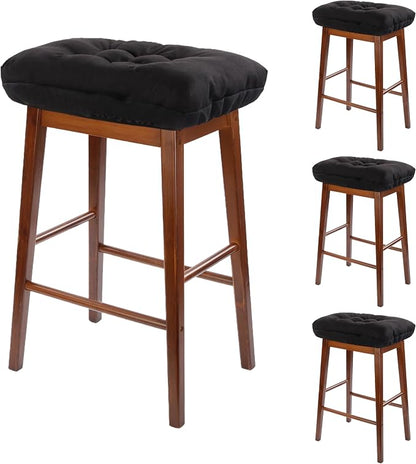 Rectangular Stool Cushion Set of 4, Soft Saddle Stool Cushions with Ties, Nonslip and Washable, Black, 18 x 10.5 x 4 Inch
